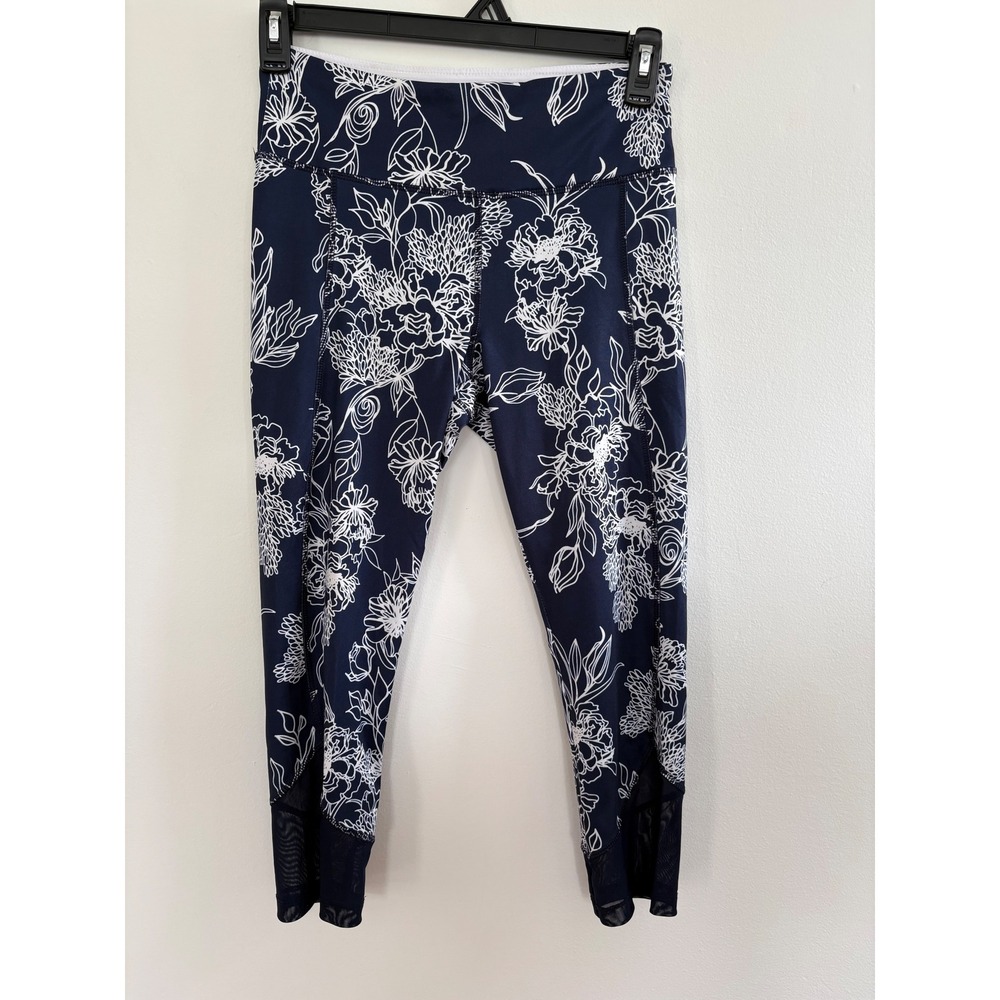 Vogo Athletics Floral‎ Mesh Leggings Navy Blue White Yoga Pants Womens Medium